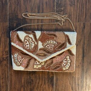 Lulu's Floral Beaded Clutch in Cream and Brown